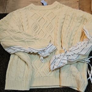 storets Cream Cable-Knit Crewneck Sweater with Striped Tie Sleeves